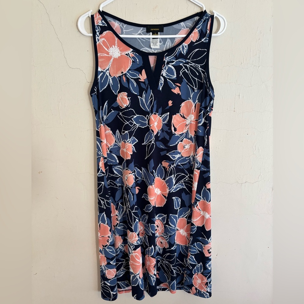 Espresso sleeveless blue and orange floral midi dress with small V neck Size S
